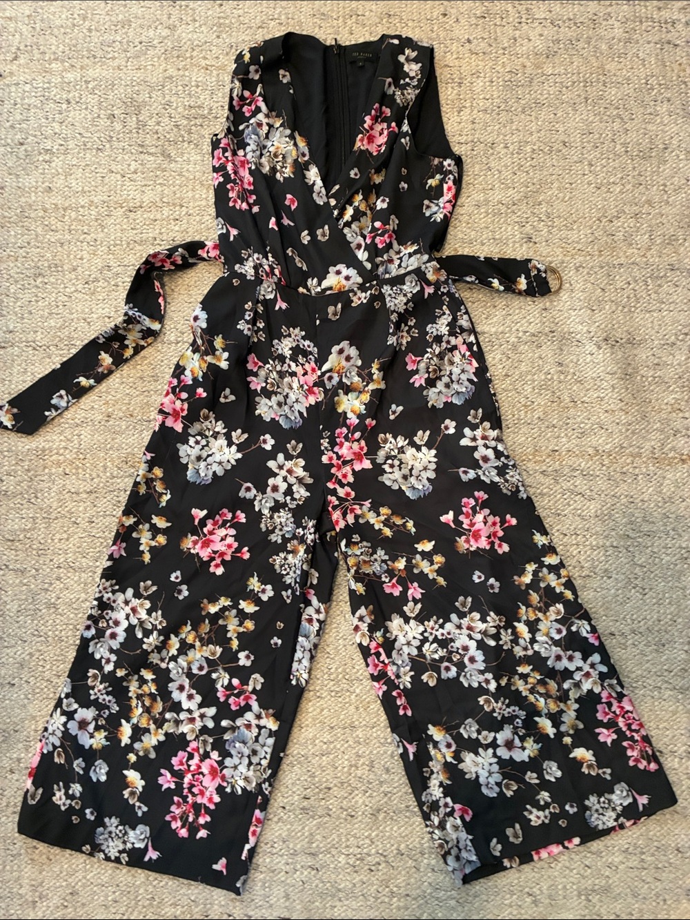 Ted Baker London Black Floral Wrap Jumpsuit with Pink & White Blooms